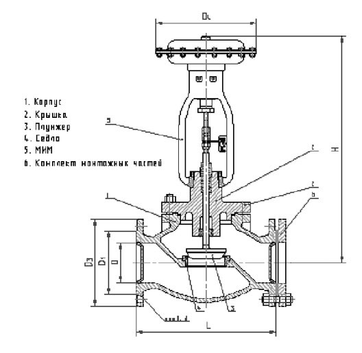Схематическое изображение клапана запорно-регулирующего 25ч45п-49п, 25ч45нж-49нж