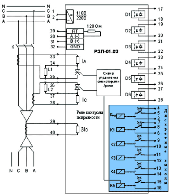 Схема подключения внешних цепей с двумя измерительными ТТ к устройству РЗЛ-01.03