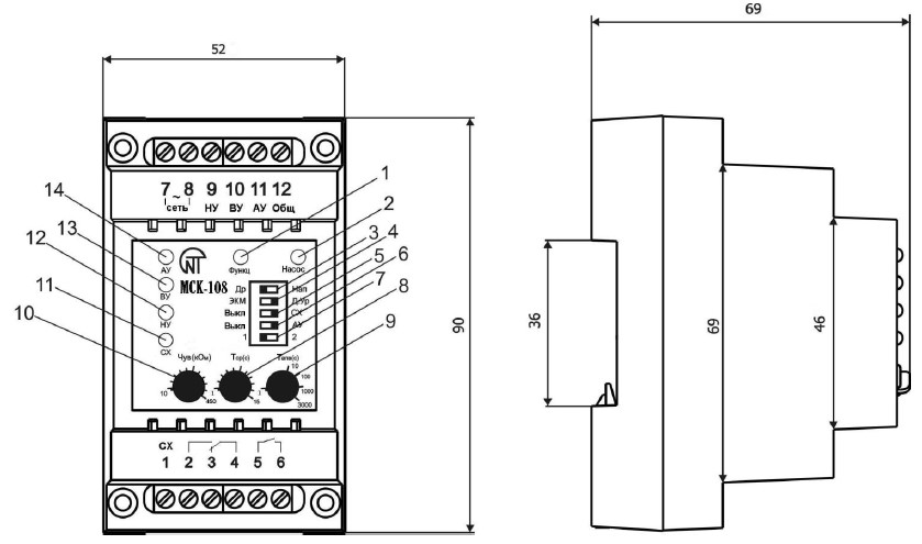 Схема габаритных размеров контроллера МСК-108