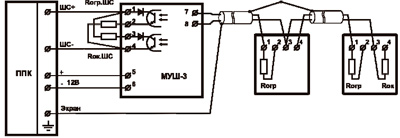 Рис.4.Схема подключения извещателей FTL-B в четырехпроводный постояннотоковыйШС посредством модуля МУШ-3