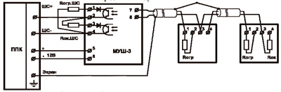 Рис.5.Схема подключения извещателей FTL-B в четырехпроводный знакопеременный ШС посредством модуля МУШ-3