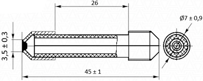 Рис.1. Схема габаритных размеров стеклянного конического предохранителя ПК-45-1,0
