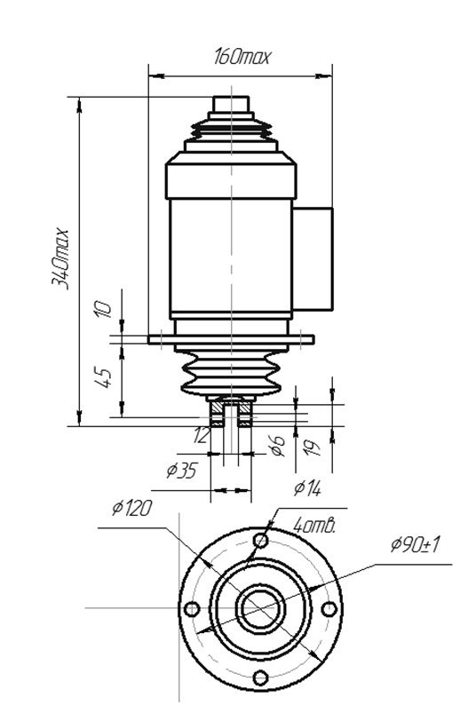 Габаритные, присоединительные и установочные размеры электромагнита ЭМВ 11-37
