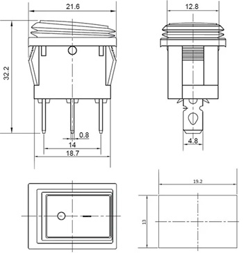 Рис.2. Схема габаритных размеров переключателя KCD1-2-101WN