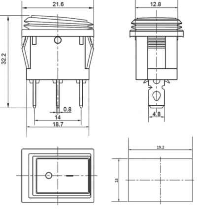 Рис.2. Схема габаритных размеров переключателя KCD1-2-103W