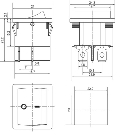 Рис.2. Схема габаритных размеров переключателя KCD1-6-201