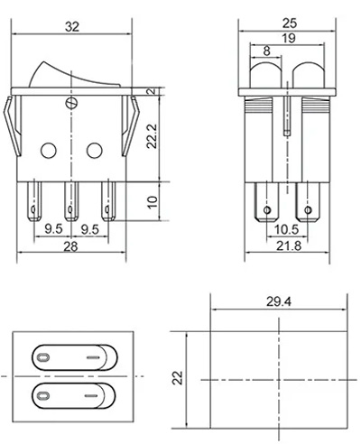 Рис.2. Схема габаритных размеров переключателя KCD2-5-2101