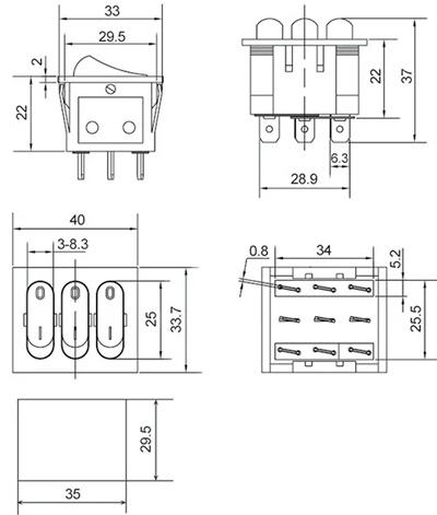 Рис.2. Схема габаритных размеров переключателя KCD2-3101N
