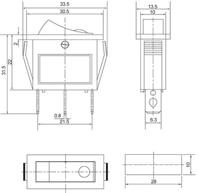 Рис.2. Схема габаритных размеров переключателя KCD3-101EN