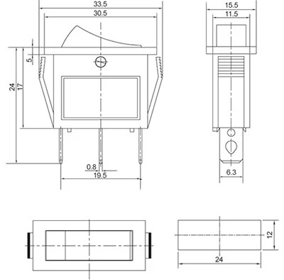 Рис.2. Схема габаритных размеров переключателя KCD3-101N-12