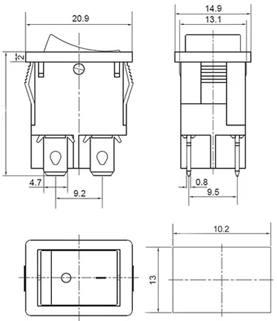 Рис.2. Схема габаритных размеров переключателя KCD1-4-201N 